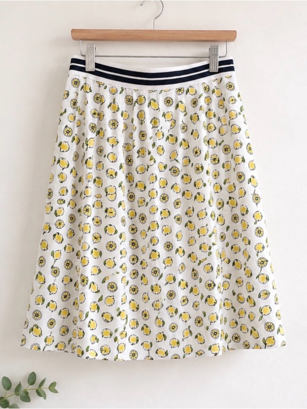 J. Crew White Skater Skirt with Yellow Lemon Print and Navy Waistband